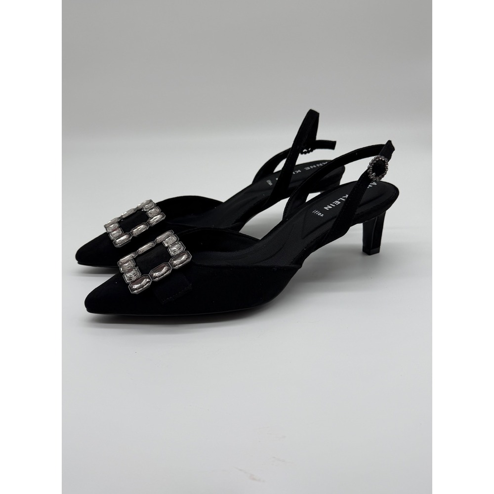Anne Klein Akinez Black‎ Crystal Buckle Slingback Kitten Heel Pumps 7M New
